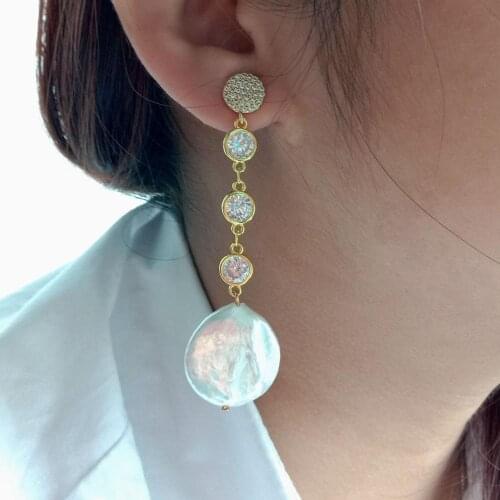 Freshwater White Coin Keshi Pearl Gold color Plated clear cz pave Chain Dangle Earrings luxury office classic for women