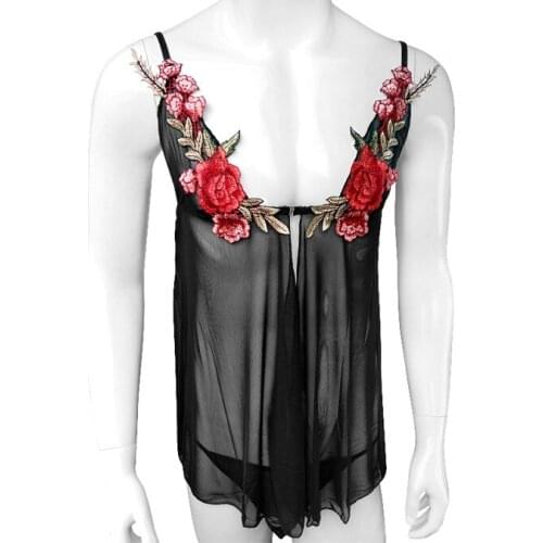 Sheer Mesh Mens Crossdress Lingerie Set Adjustable Spaghetti Straps See Thru Slip Hommes Sissy Garters Mini Dress with Underwear