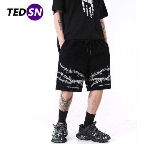 Summer Vintage Thorn Printed Corduroy Shorts Men Hip Hop Fashion Casual Joggers Streetwear Knee Length Harem Short