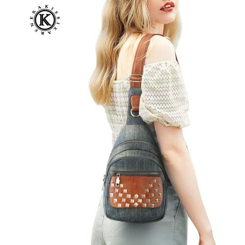 Stylish Women Chest Bags with Rivets Durable Portable Jeans Travel Womens Shoulder Messenger Bag Denim Purse Roomy Sling Bags