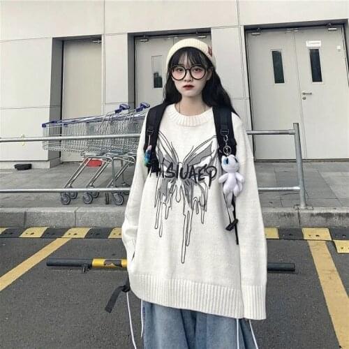 Autumn winter vintage Korean Harajuku style sweater print loose wool knit apparel sleeve top y2k women clothes butterfly size