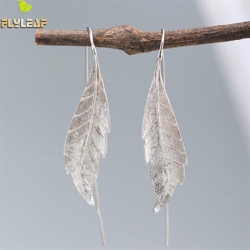 Flyleaf Natural Plant Leaves Scrub Earings Fashion Jewelry Gold Drop Earrings For Women Real 925 Sterling Silver Fine Jewelry