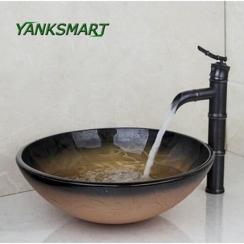 YANKSMART Bathroom Round Tempered Glass Hand Painting Sink Set Basin Bowl Sink Vessel Basin Brass Black Faucet With Pop-up Drain