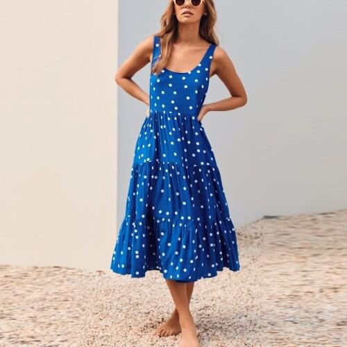 Women Bohemian Dresses Wave Point Print Sleeveless Dress Women Clothes Vestidos Mujer Holiday Beach Long Dresses 2021 Summer