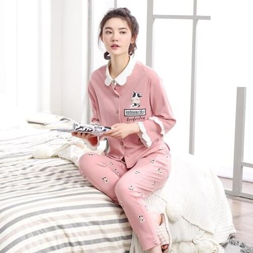 Women 2019 autumn and winter new cardigan cotton turn down collar long sleeve trousers ladies pajamas Korean lapel pajama sets