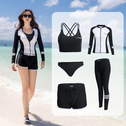 Women Solid 5 Piece Sexy Swimsuit Front Zipper Surfing Suit Tops & Bottoms UV Protection Quick Drying Beach Bathing RashGuard