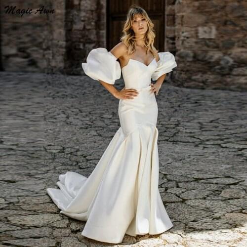 Magic Awn Boho Mermaid Wedding Dresses Satin Sweethrat Detachable Short Puff Sleeve Simple Mariage Gowns For Bride Vestidos 2022