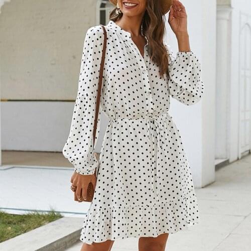 2020 New Womens Dress Summer Polka Dot Vintage O-neck Female Dress for FemaleLong-sleeve Ladies Robe