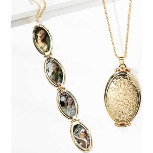 Gold Silver Color Color Carved Hollow Oval Pendant Multi-Layer Folding Women Necklace Openable Photo Frame Family Love Jewelry