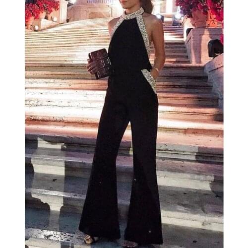 Shiny Glitter Patchwork Wide Leg Pants Jumpsuit Halter Sleeveless Pocket Jumpsuit Sexy Long Rompers Elegant Womens Party Overall