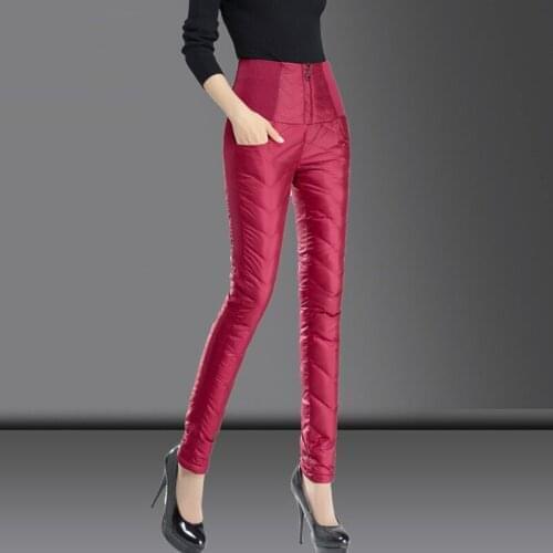 Winter Casual Women Patchwork Wine Red Black Stretch High Waisted Warm 80% White Duck Down Trousers , Woman 4xl Pencil Pants