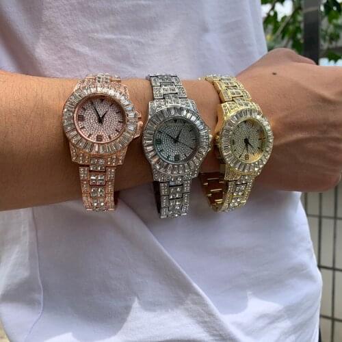 Hip Hop Luxury Mens Iced Out CZ Baguette Waterproof Watches Date Quartz Wrist Watches With Micropave Alloy Watch For Men Jewelry