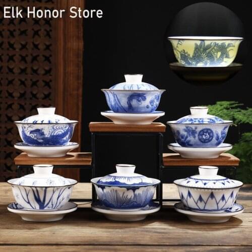 150ml Dehua Blue And White GaiWan HandPainted Landscape Art Tea Tureen Dragon Tea Bowl With Saucer Lid Kit Master Travel Tea Set