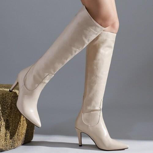 Black Brown White Women Knee High Boots Pointed Toe Thin High Heel Women Calf Boots Dress Autumn Winter Womens Boots Big Size