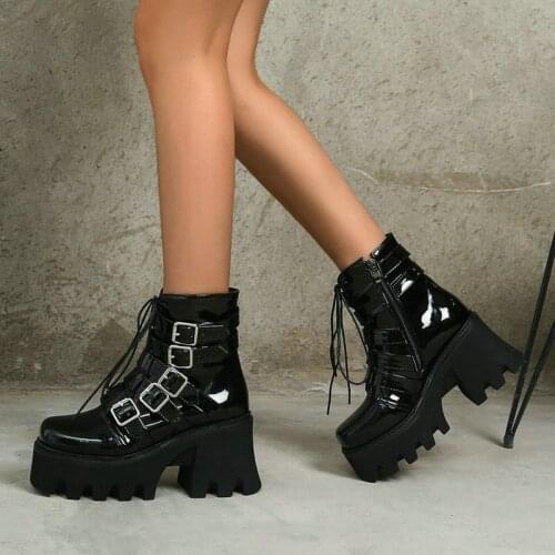 Black Patent Leather Knight Boots Ladies PU Belt Buckle Cross Tied Mid Calf Boots Autumn Winter Fashion Platform Womens Shoes