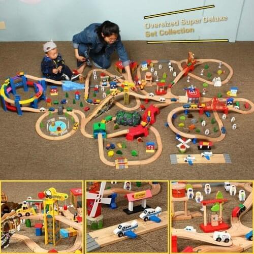 Kids Electric Train Set Police Fire Station Traffic Blocks Magnetic Train Diecast Slot Toy Fit for Standard Wooden TrainTrack