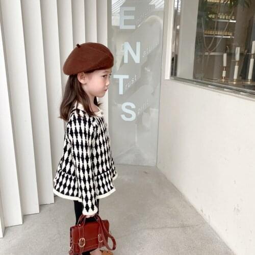 Childrens Sweater 2021 Autumn New Girls' Korean Cute Diamond Sweater Childrens Wood Ear Side Cardigan Coat Girls Sweater