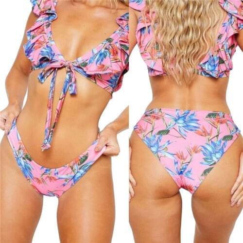 Women Floral Bikini Suit Beach Wear Ruffle V-Neck Cropped Vest High Waist Pool Party Thong 2 Pieces Bathing Suit Women Beachwear