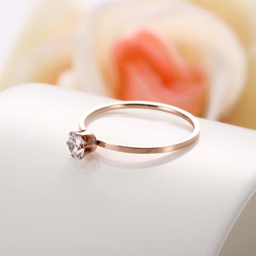 JeeMango Titanium Steel 6 Prong Setting Cubic Zirconia Crystal Ring Classic Rose Gold Engagement Wedding Rings For Women JR19164