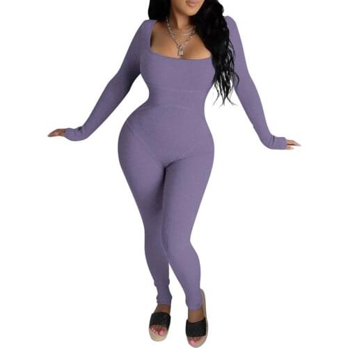 New Spring Autumn Sexy Rib Knitted Jumpsuits Women Long Sleeve Square Collar Solid Skinny Club Sport Casual Rompers Streetwear