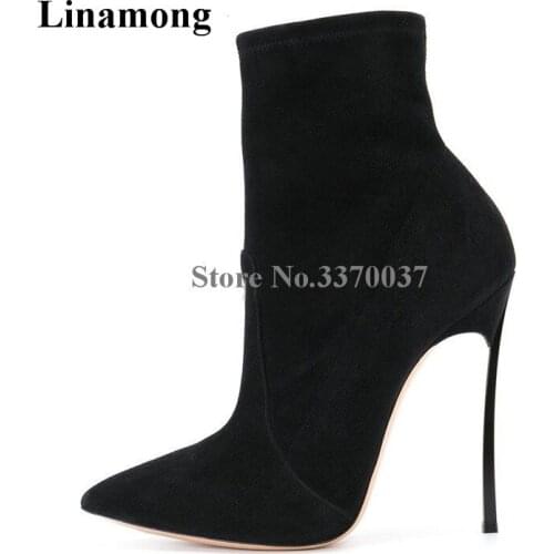 Women Hot Selling Pointed Toe Suede Leather Stiletto Heel Boots Black Beige Grey Metal Thin Heel Ankle Booties High Heel Boots