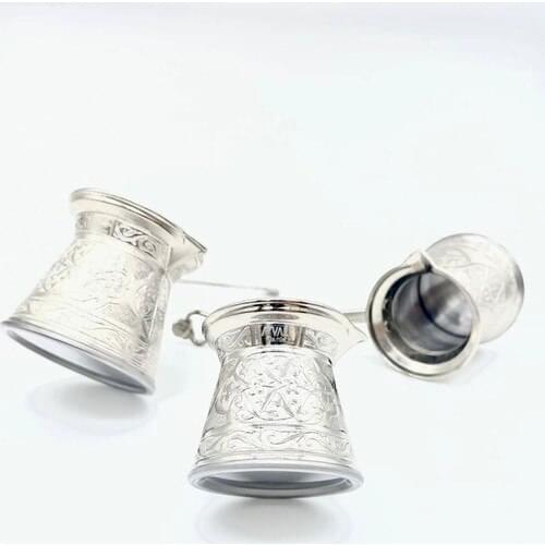 Ayvalı Metal Decorated Casting Pot 4'lü Set-Silver Turkish Coffee Cezvesi Ottoman Pattern
