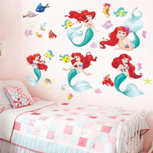 Cartoon Underwater the Little Mermaid Fish Wall Stickers For Kids Rooms Wall Decal Mural Poster Art Girls Bedroom Decor