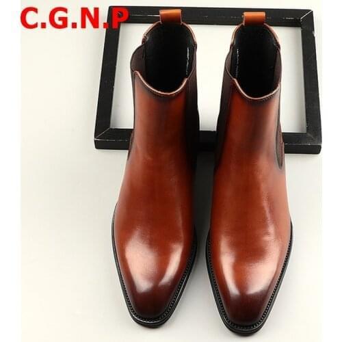 C.G.N.P Chelsea Boots Men Autumn Genuine Leather Breathable Boots Mens Handmade Dress Shoes Fashion Men Motorcycle Boots