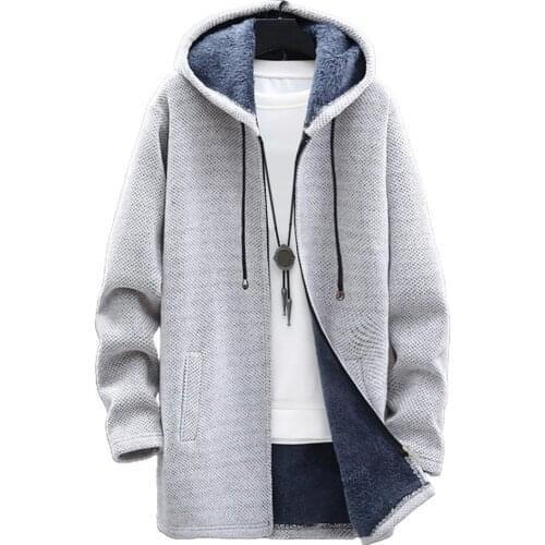 Men Hooded Coat Autumn Winter Long Sleeve Plush Liner Sweater Zipper Knitted Coat Cardigan Male Slim Warm Overcoat Clothing