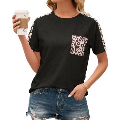 2021 Spring and Summer New Leopard Print Stitched Round-necked Short-sleeved T-shirt Womens Top
