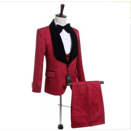 New Arrival One Button Red Paisley Groom Tuxedos Groomsmen Shawl Lapel Mens Suits Blazers (Jacket+Pants+Vest+Tie) W:1228
