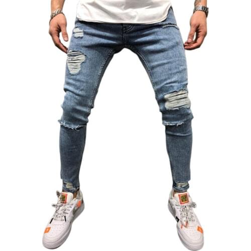 Brand New Men Elastic Ripped Pencil Denim Jeans, Middle Waist Skinny Trousers with Pockets Casual Style Bottoms
