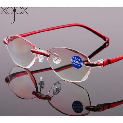 XojoX Blue Light Blocking Reading Glasses Women Rimless Eyeglasses Men Hyperopia Eyewear Presbyopia Diopter +1.0 1.5 2.0 2.5