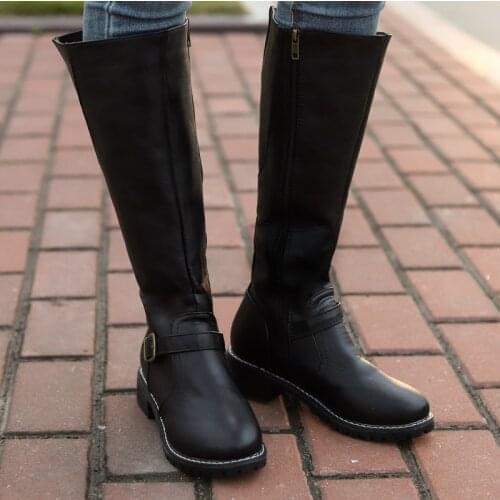Autumn Women High Boots Fashion Low Heels Square Platform Long Boots Brown Black Leather Zip Winter Women Warm Shoes Booties