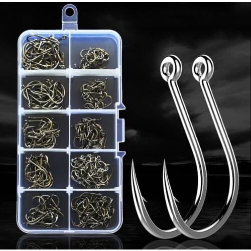 100pcs/box Fish Hook High Carbon Steel Barbed 3#-12# 10 Series In Fly Fishing Hook Worm Pond Fishing Bait Holder Jig Hole Pesca