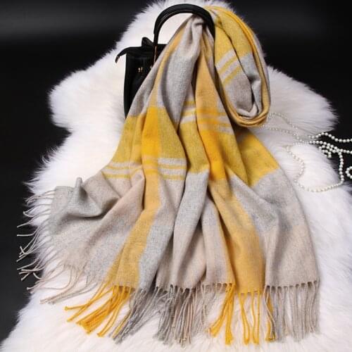 Autumn Yellow Plaid Wool Scarf for Women Thicken Warm Shawls and Wraps 2021 Fashion Pashmina Ladies Winter Wool Scarves Femme