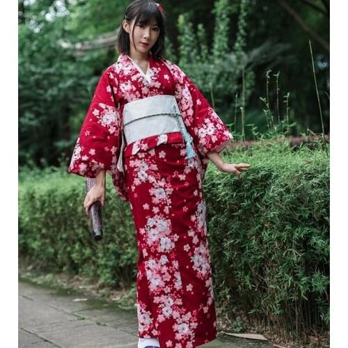 Traditional Japanese Floral Kimono with Obi Womens Cotton Bath Robe Yukata Female Vintage Cosplay Costume Evening Dress A60512