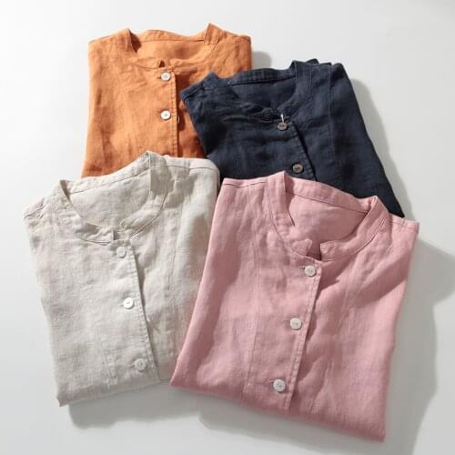 Pure linen comfortable loose shirt Chinese stand collar long sleeve top thin coat autumn 2021 new female 375