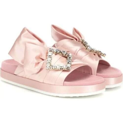 Moraima Snc Hot Selling Open Toe Ctystal Embellished Woman Sandals Satin Bowknot Summer Beach Wearing Slides Gladiator Shoes