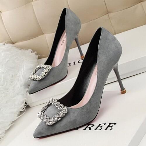 Square buckle rhinestone suede pointed stiletto heel womens shoes bride wedding shoes red