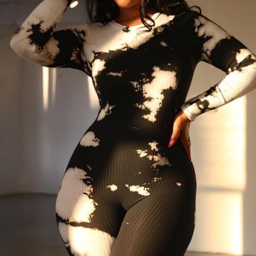 Fall Winter Fashion Black And White Tie Dye Print Ribbing Jumpsuit Womens Clothing Round Collar Long Sleeve Bodycon Sexy Rompers