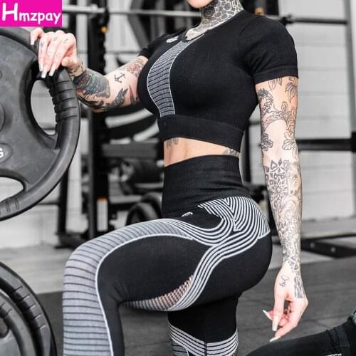 Womens Yoga Short Sleeve Suit Sportswear Fitness Sports Top Yoga High Waist Tights 2-Piece Running Workout Fitness Clothes