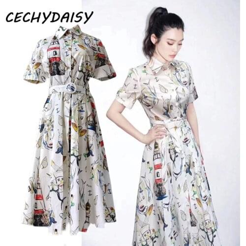 High Street Blouse Dress Women 2021 New Runway Fashion Single Breasted Short Sleeve Vintage Floral Printed A-Line Party Dresses