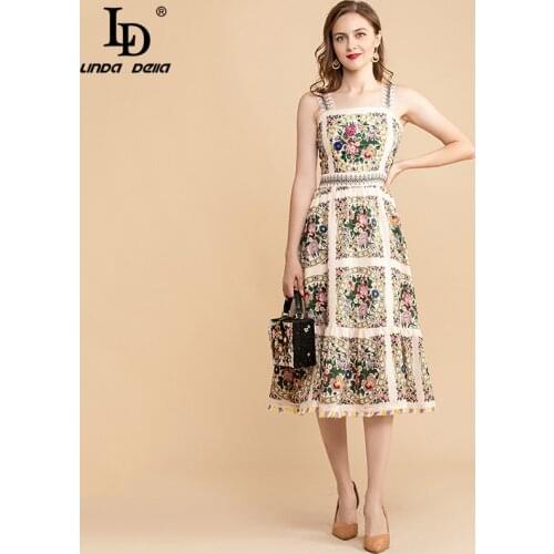LD LINDA DELLA Summer Fashion Runway Vintage Dress WomenSpaghetti Strap Beautiful Floral Print Beading Midi Party Elegant Dress