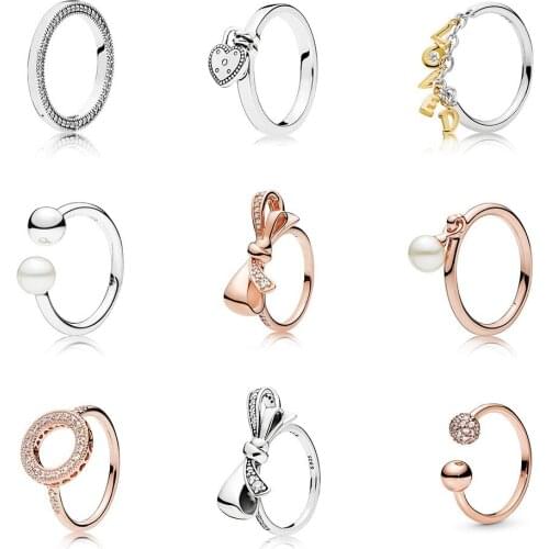100% 925 Sterling Silver Color Ring Charms Rose Gold Bow Diy Heart Gold Letter Loved Crystal Finger Ring Party Jewelry