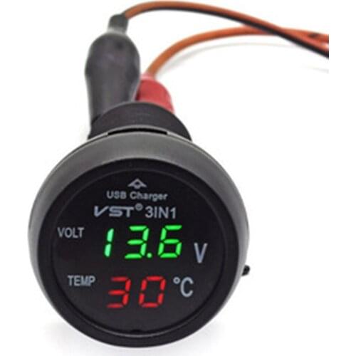 3-in-1 Car Phone Charger LED Light Display Design Monitoring Voltage Temperature Voltmeter Thermometer