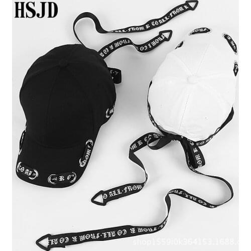 Men&Women Fashion Long Belt Ribbon Black Baseball Caps 2018 Fashion Summer New Hip Hop Cap With Ring Snapback Hat Unisex Punk