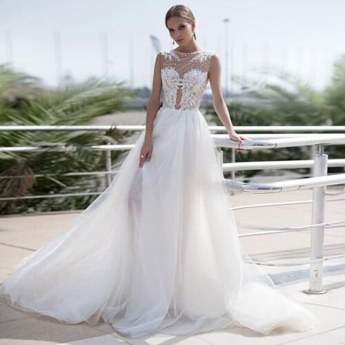 Bohemian Boho White Beach Bridal Gowns Scoop Sleeveless Transparent Bodice Applique Tulle Wedding Dresses 2021 Custom Made