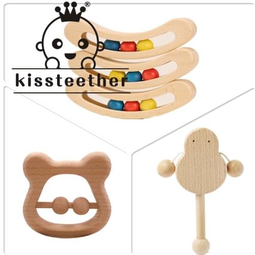 Kissteether Beech Wood Teethers Baby Rattle Nursing Teethers Hand Montessori Toy Eco-Friendly Play Gym BPA Free Baby Teether