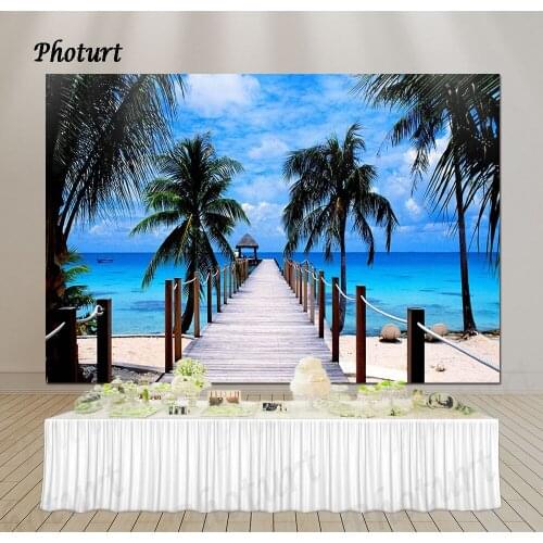 PHOTURT Palm Trees Backdrop Bridal Shower Background Wedding Polyester Vinyl Photography Banner Blue Seaside Decorate Props